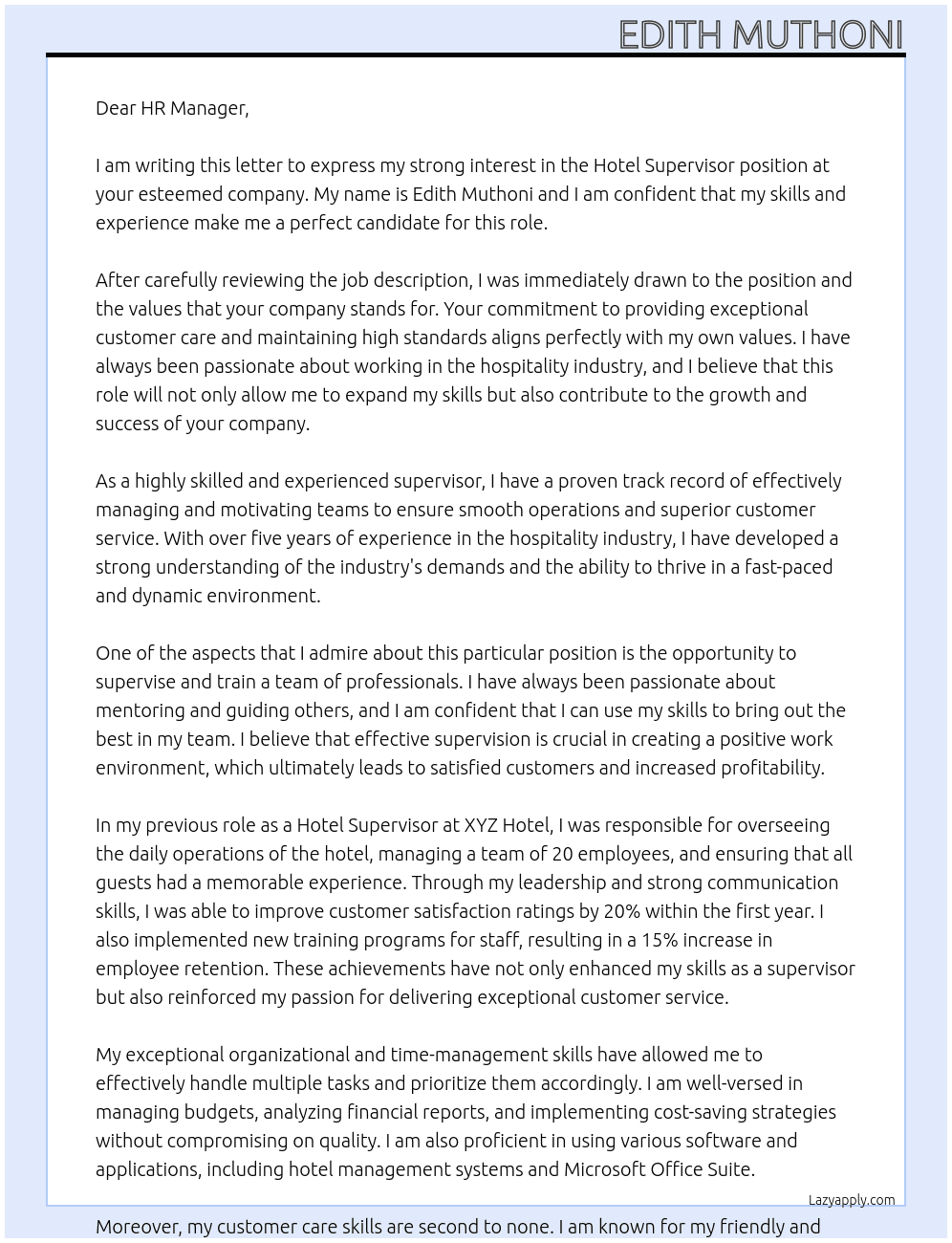 Hotel Supervisor At HR Cover Letter