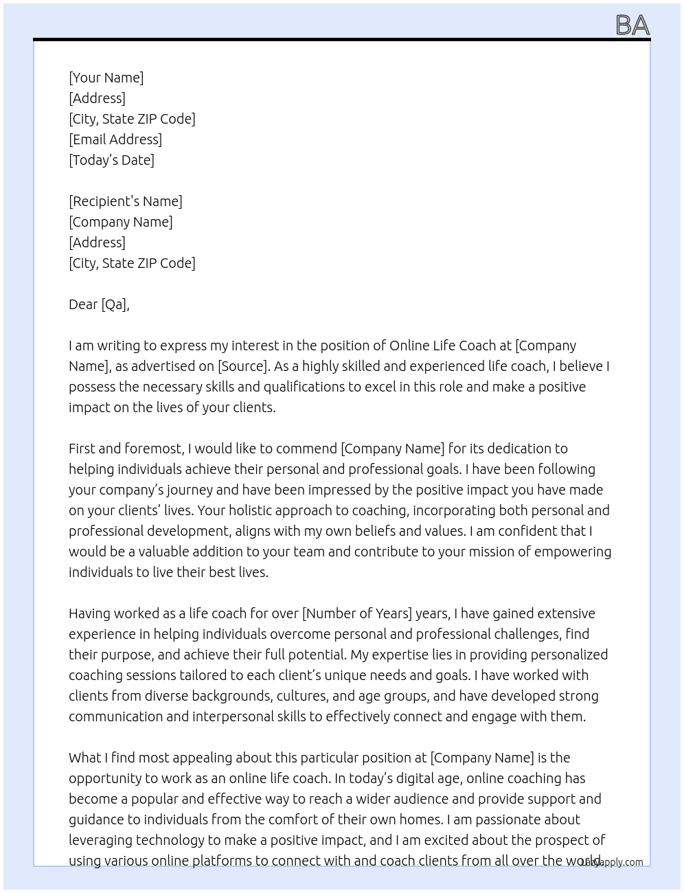 online life coach  At Qa Cover Letter