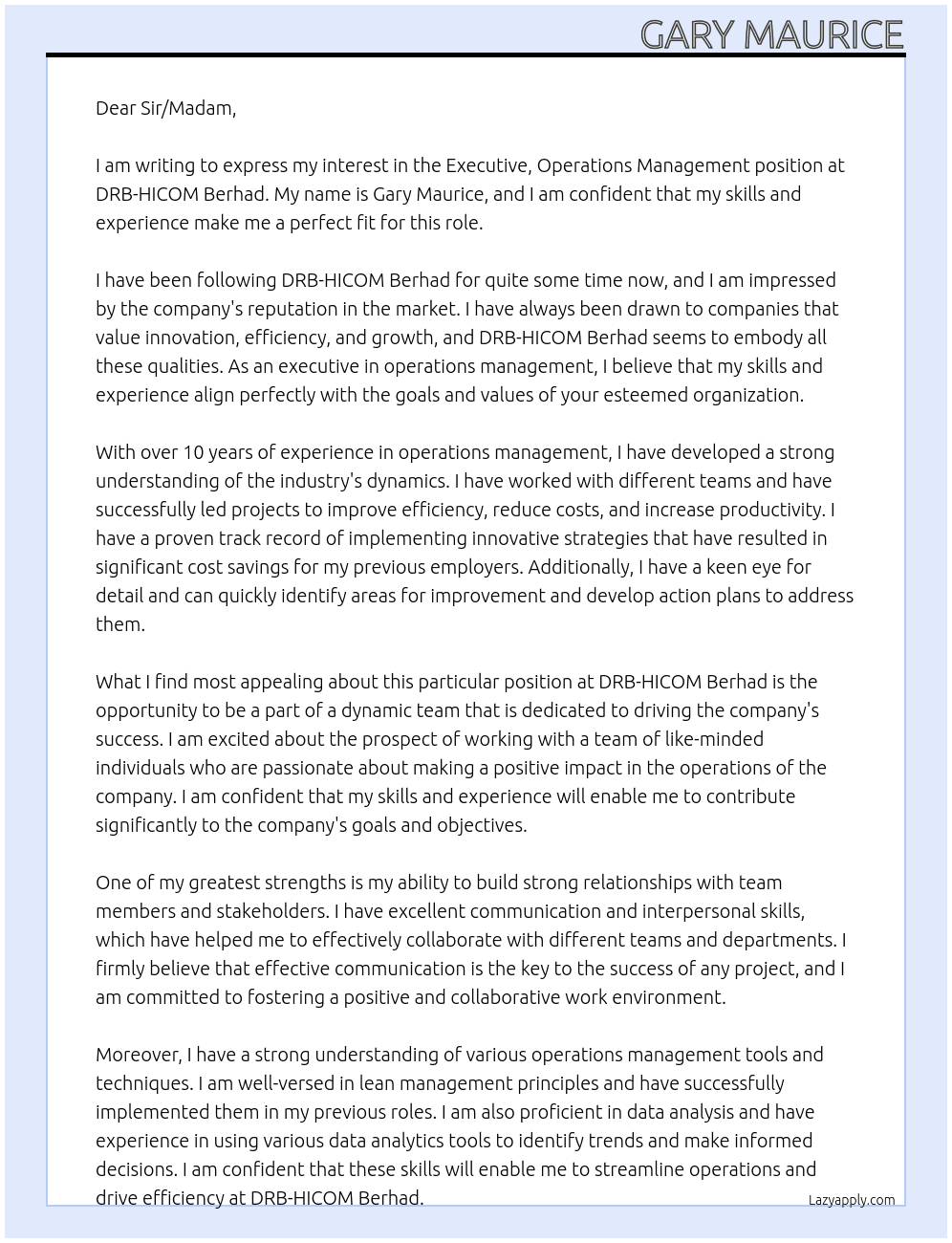 Executive, Operations Management At DRB-HICOM Berhad Cover Letter