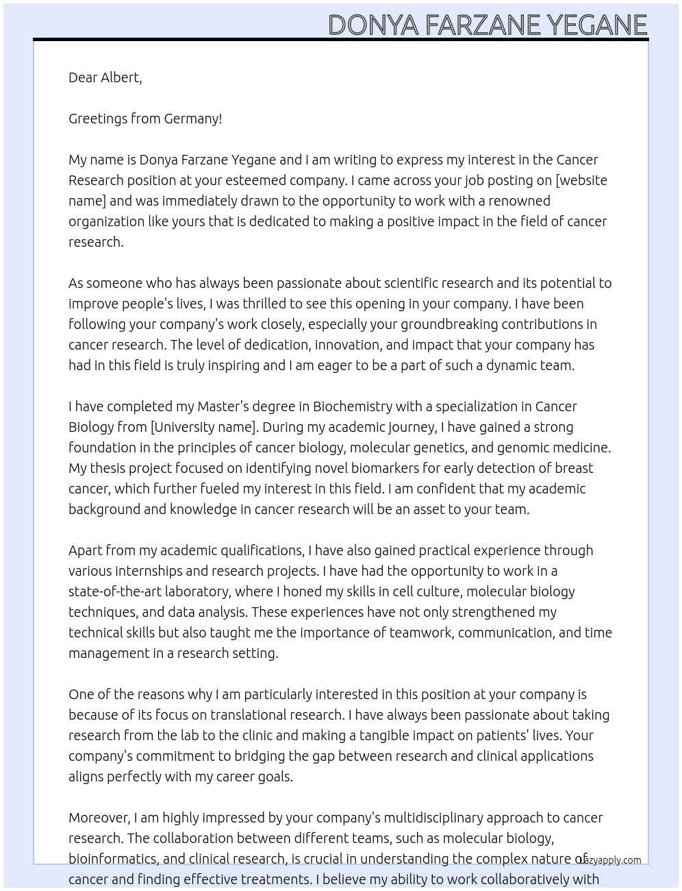 Cancer research At Germany Cover Letter