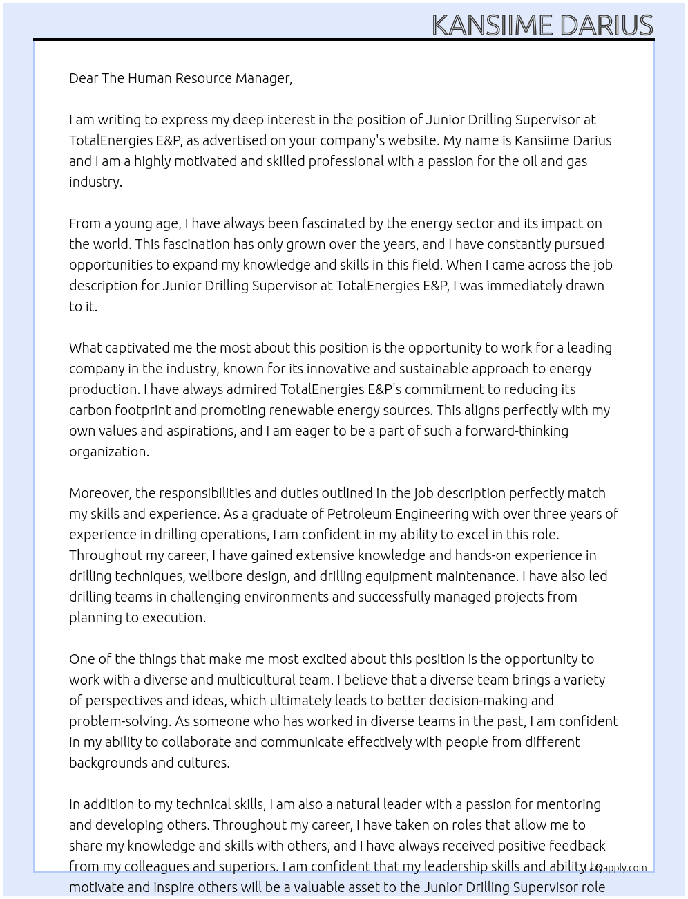 junior drilling supervisor At TotalEnergies E&P Cover Letter