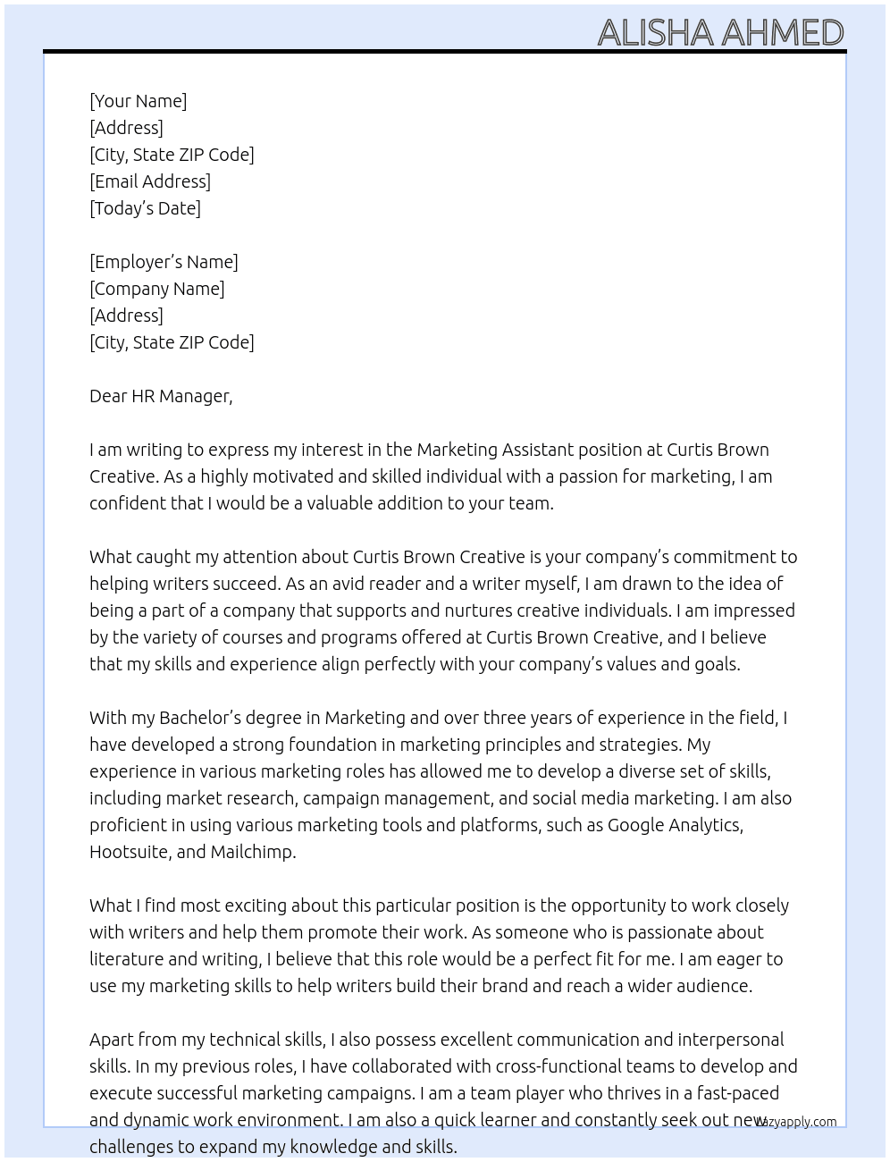Marketing Assistant  At Curtis Brown Creative  Cover Letter