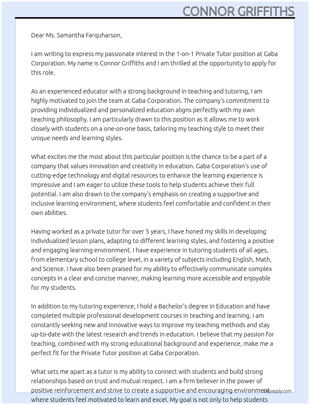 1-on-1 Private Tutor At Gaba Corporation Cover Letter