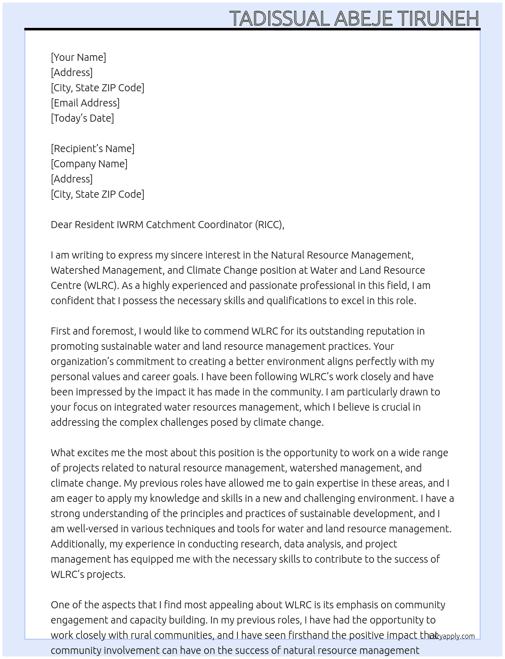 Cover letter for natural resource management, watershed management   and climate change - LazyApply