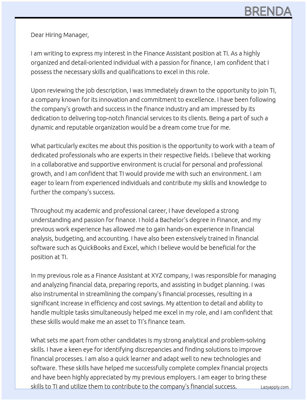 Finance Assistant At TI Cover Letter