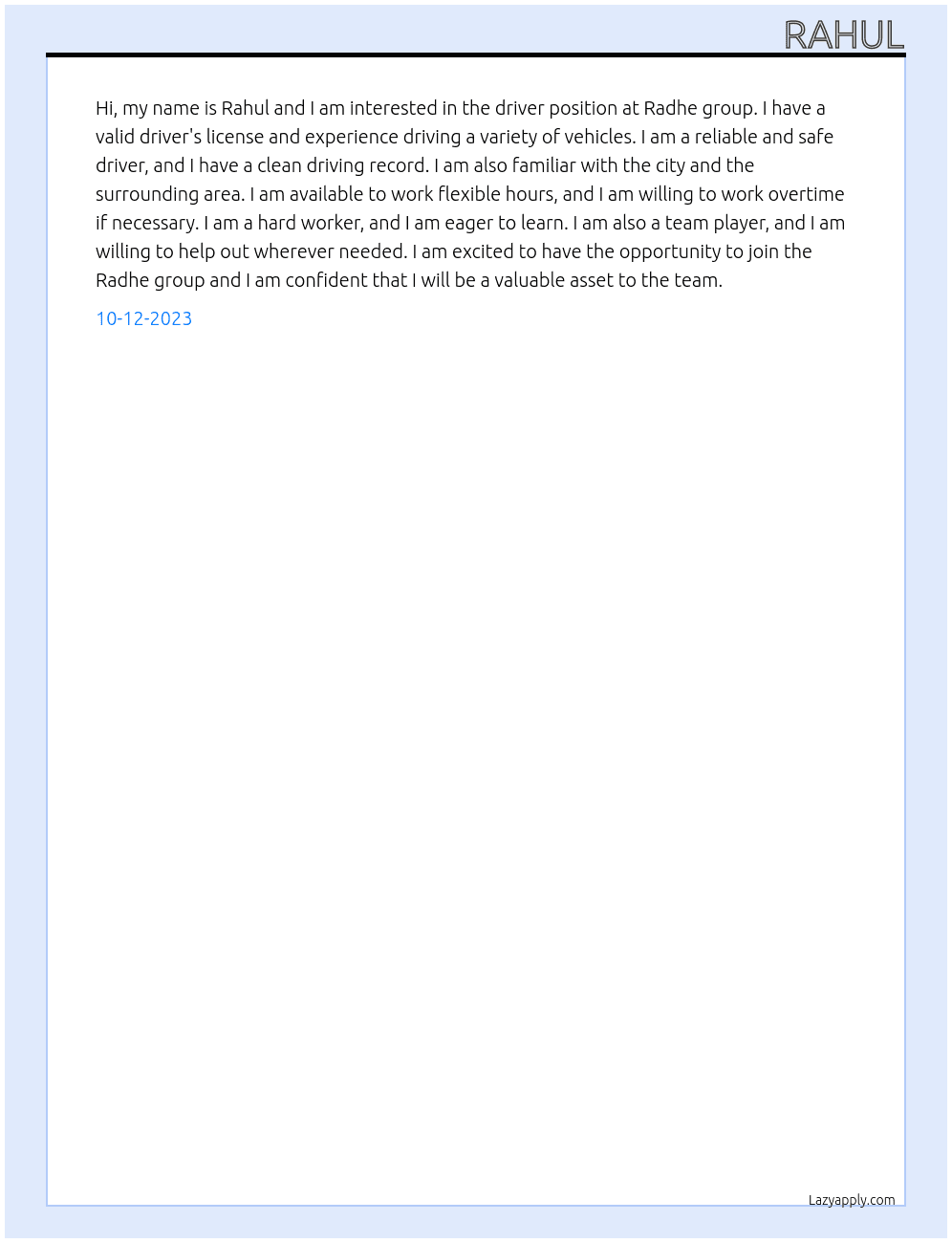 Driver At Radhe group Cover Letter