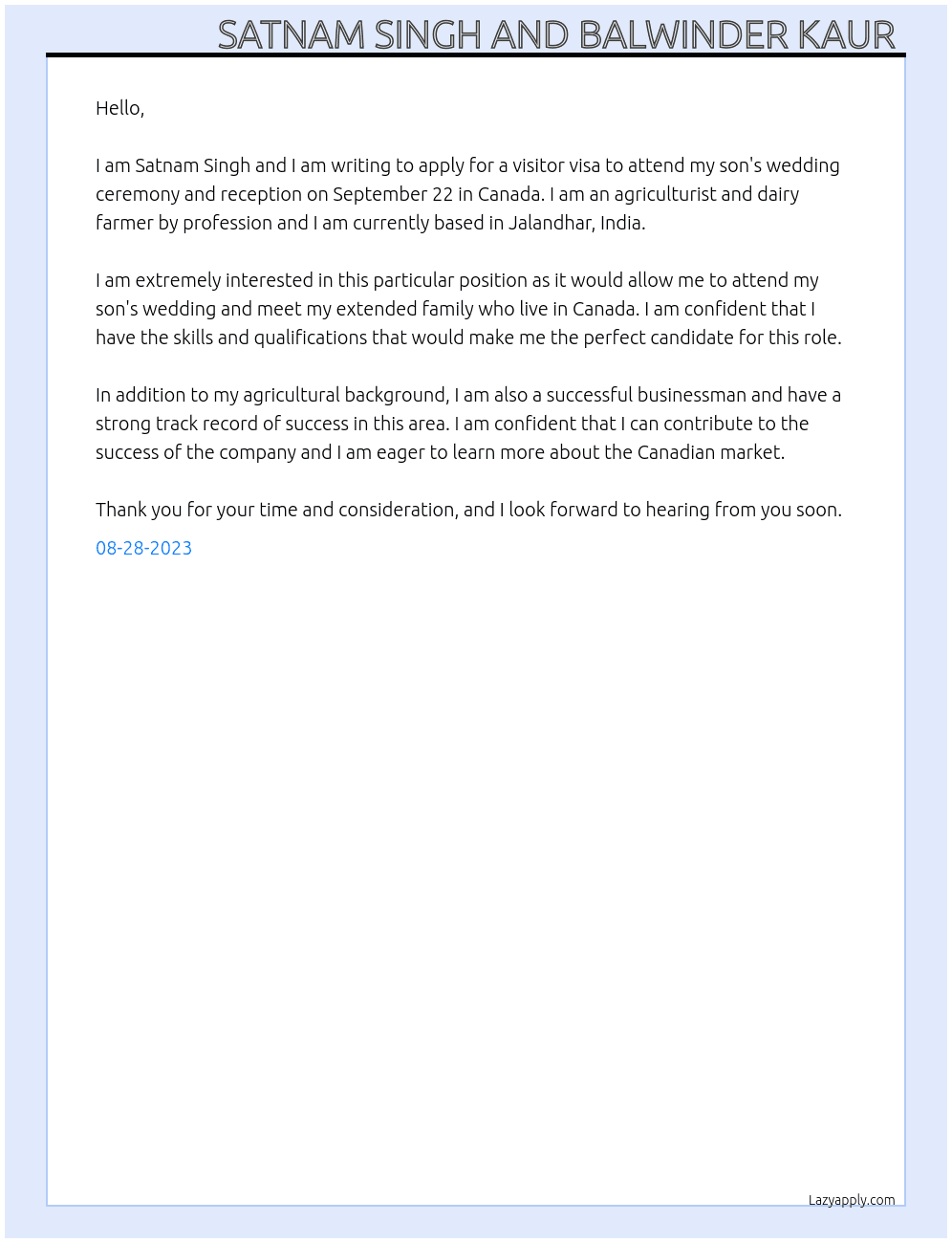 Sister in law invited her son  wedding ceremony 22 September  At Visitor visa for attend marriage ceremony and reception  Cover Letter