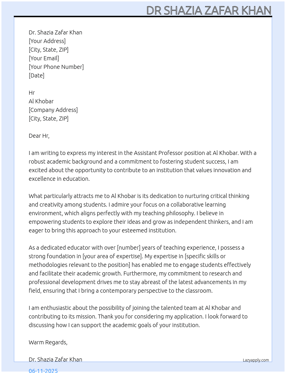 Assistant professor  At Al khobar Cover Letter