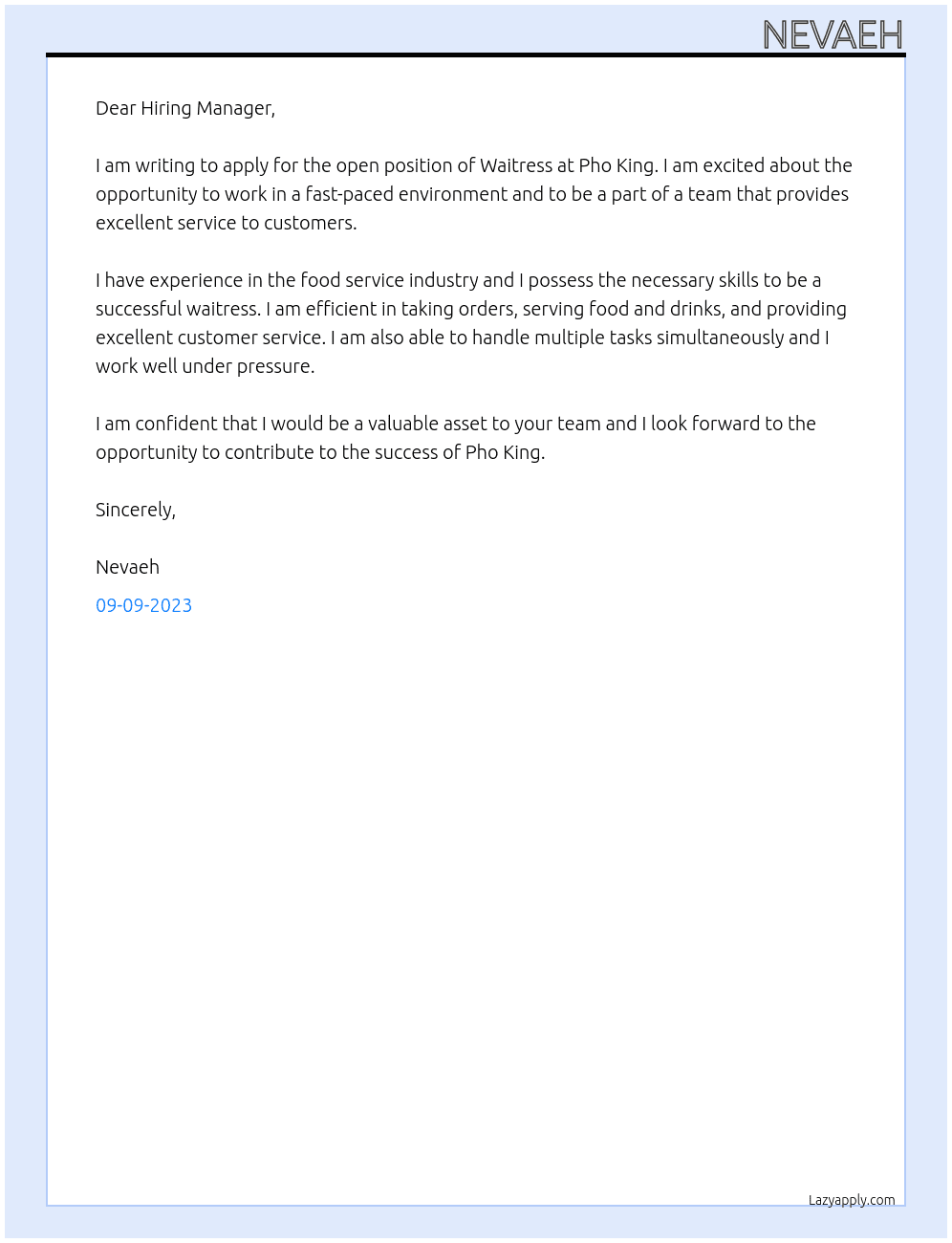 Waitress  At Pho King Cover Letter