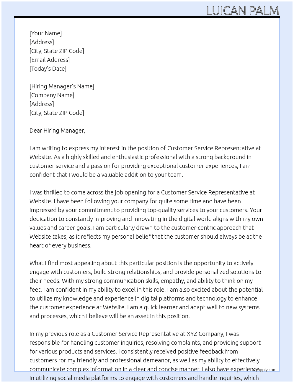 Customer Service Representative At Website Cover Letter