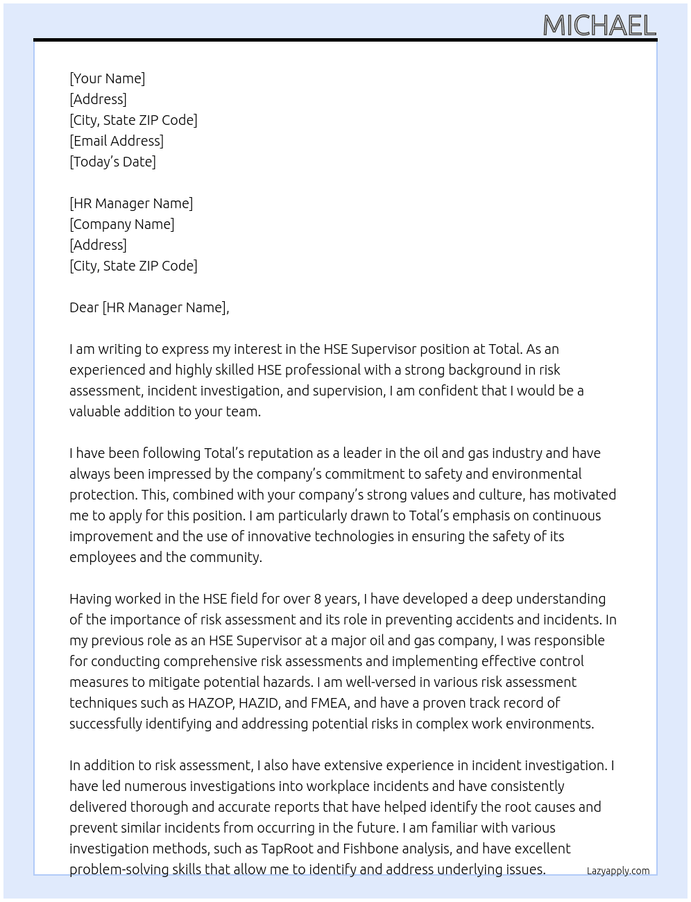 HSE Supervisor At Total Cover Letter
