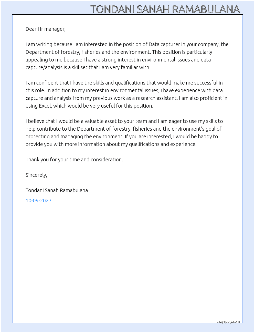 Data capturer At Department of forestry, fisheries and the environment Cover Letter