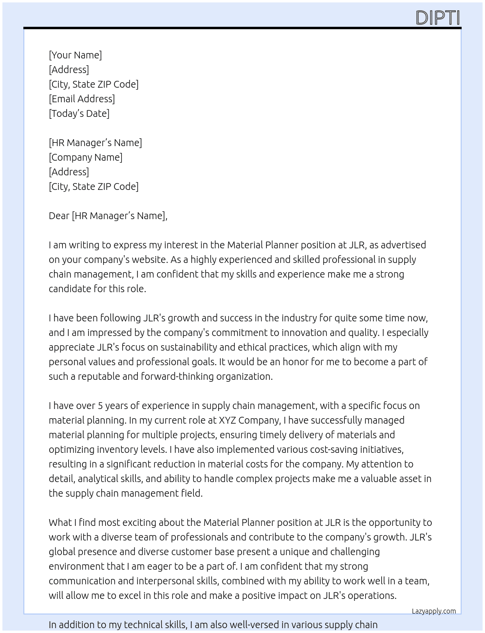 Material Planner At JLR Cover Letter