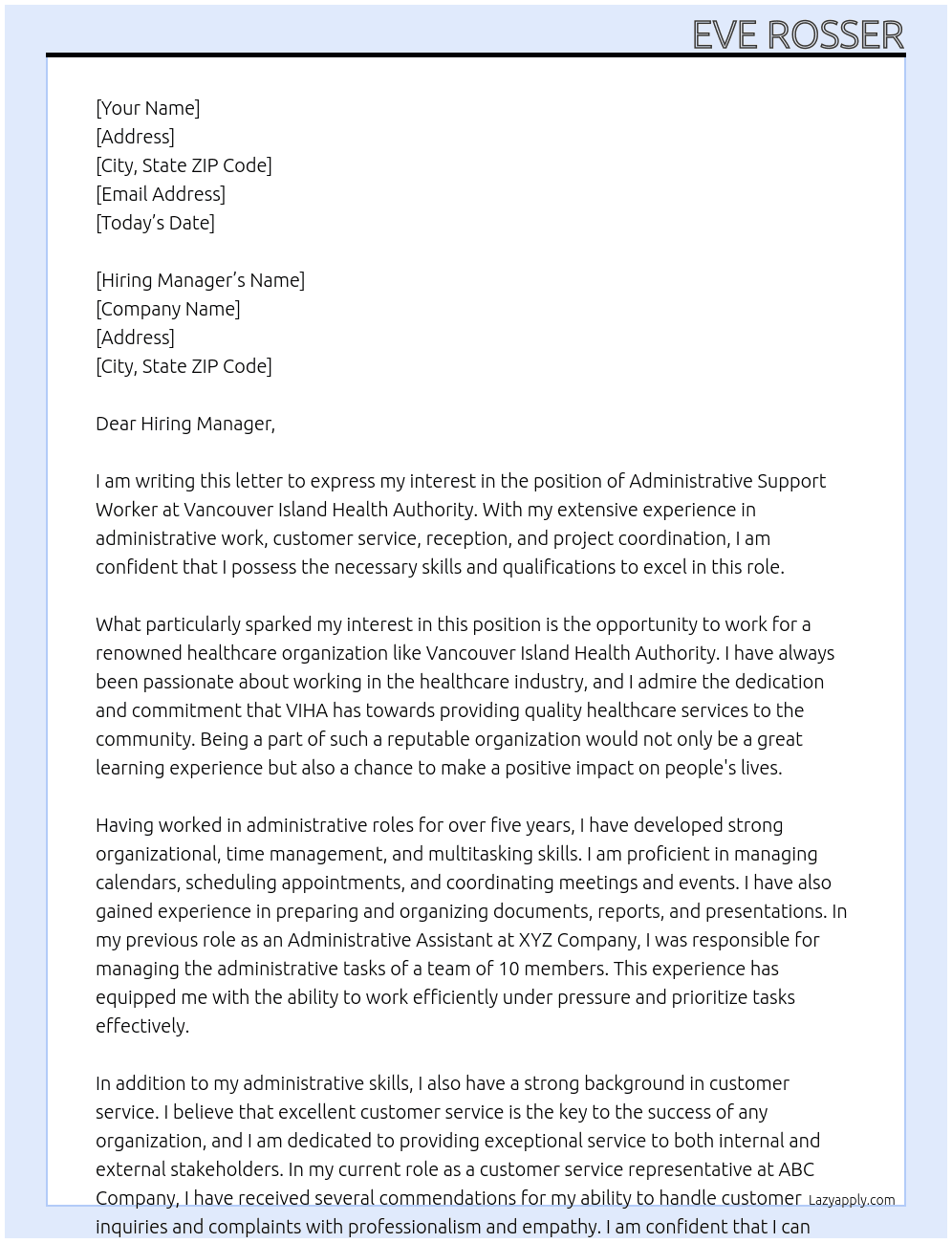 Administrative Support Worker At Vancouver Island Health Authority Cover Letter