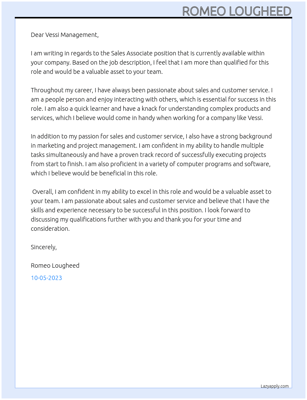 Sales Associate At Vessi Cover Letter