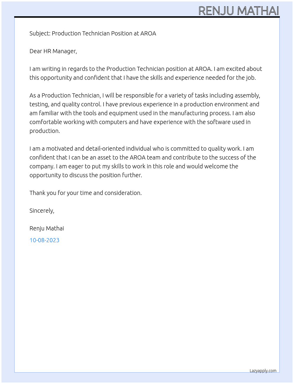 Production Technician  At AROA Cover Letter