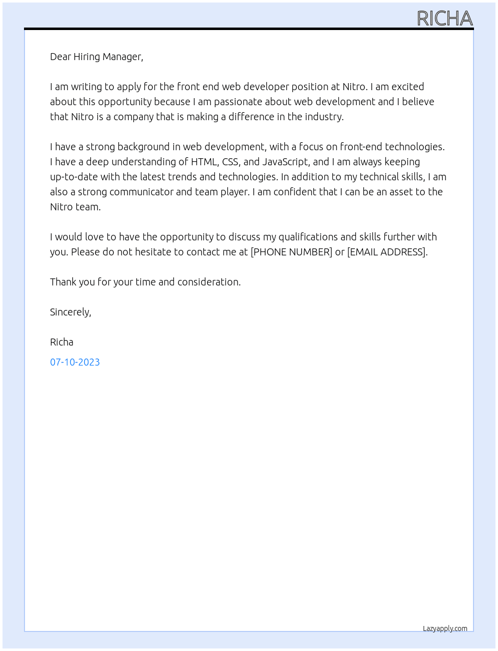 front end web developer At Nitro Cover Letter