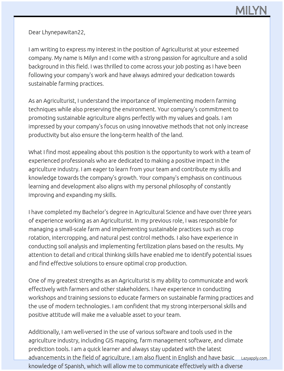 Agriculturist At Agriculturist  Cover Letter