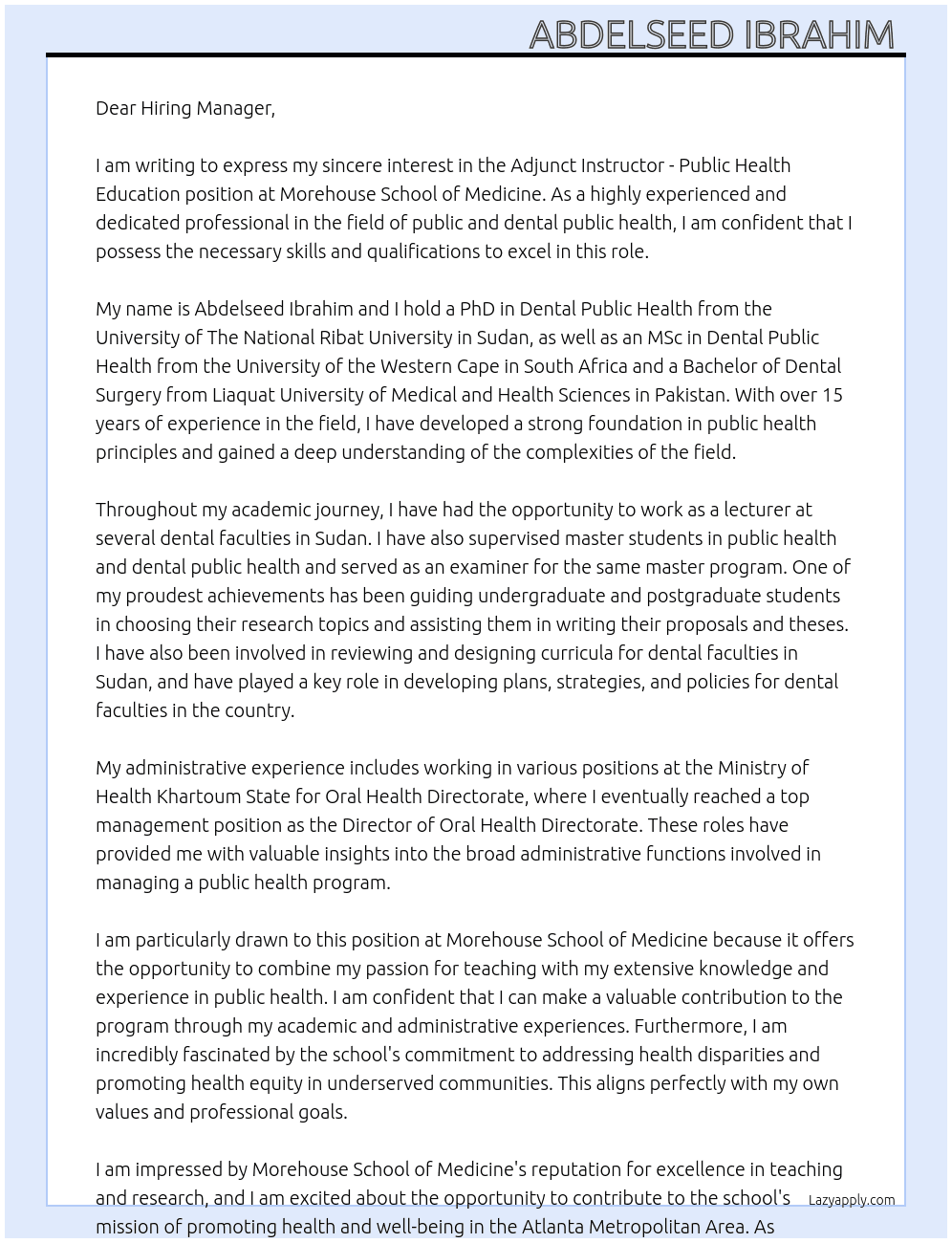 Adjunct Instructor - Public Health Education  At Morehouse School of Medicine  Cover Letter