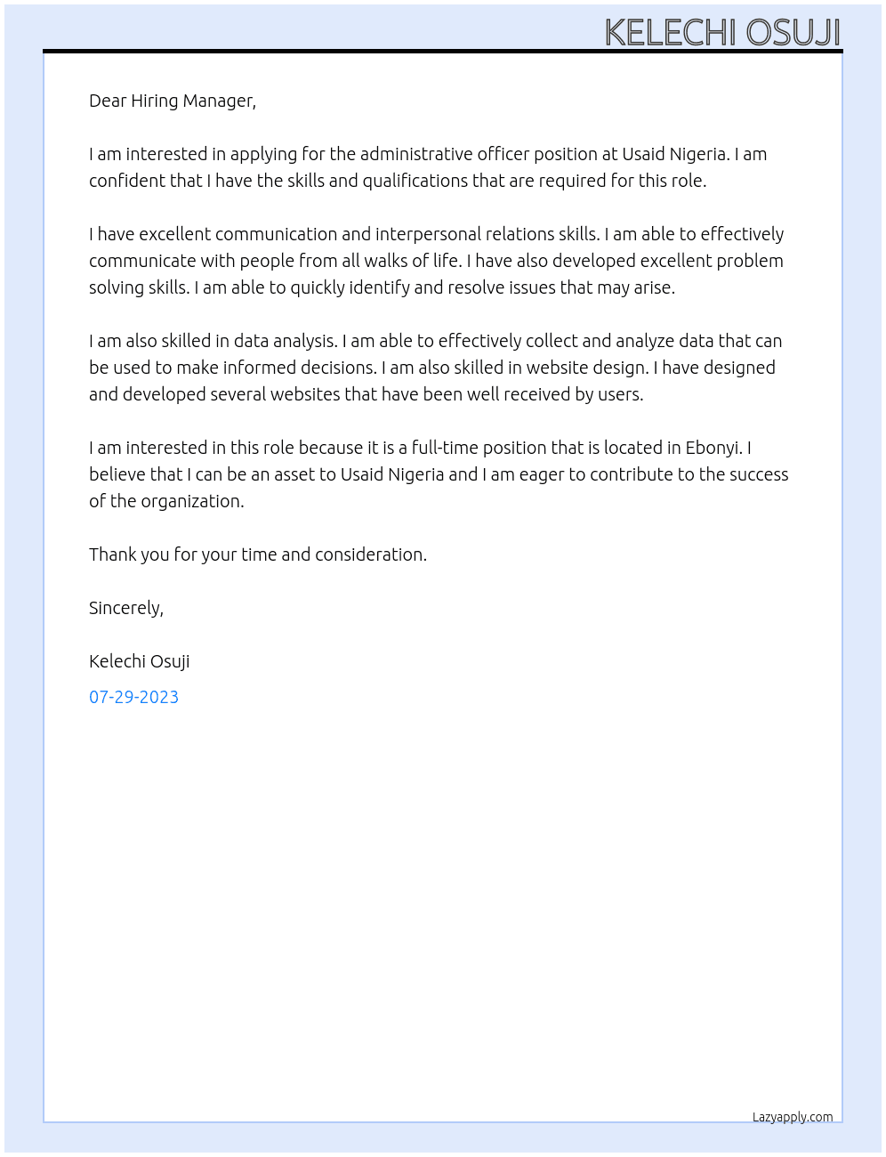 administrative officer At Usaid Nigeria Cover Letter