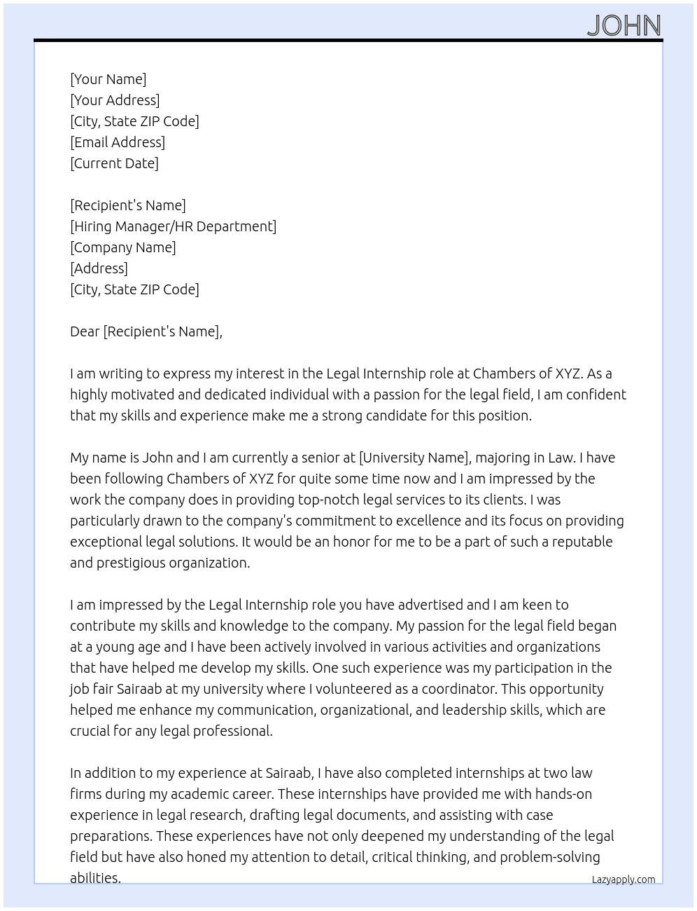 Legal Internship  At Chambers of XYZ Cover Letter