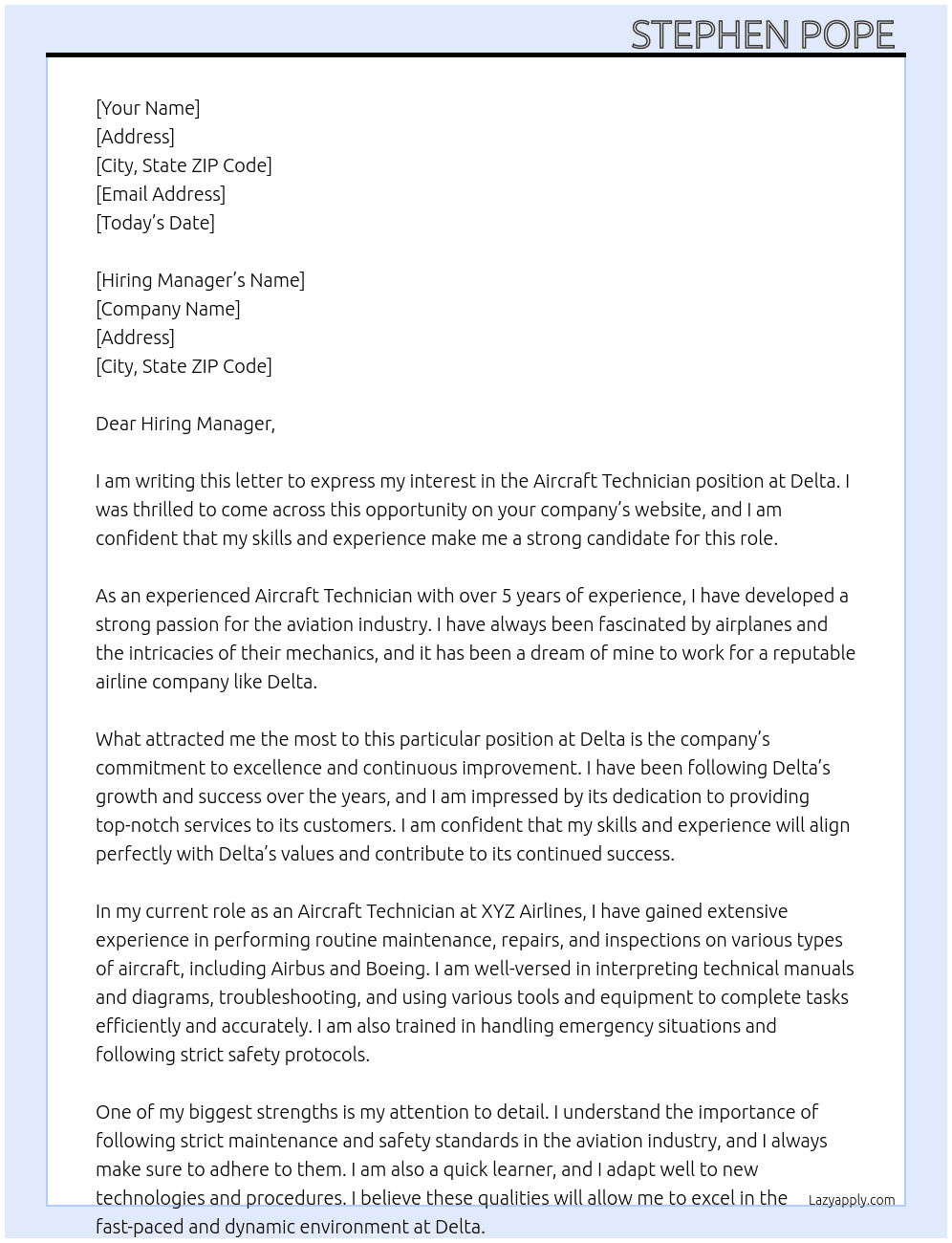 Aircraft Technician  At Delta Cover Letter