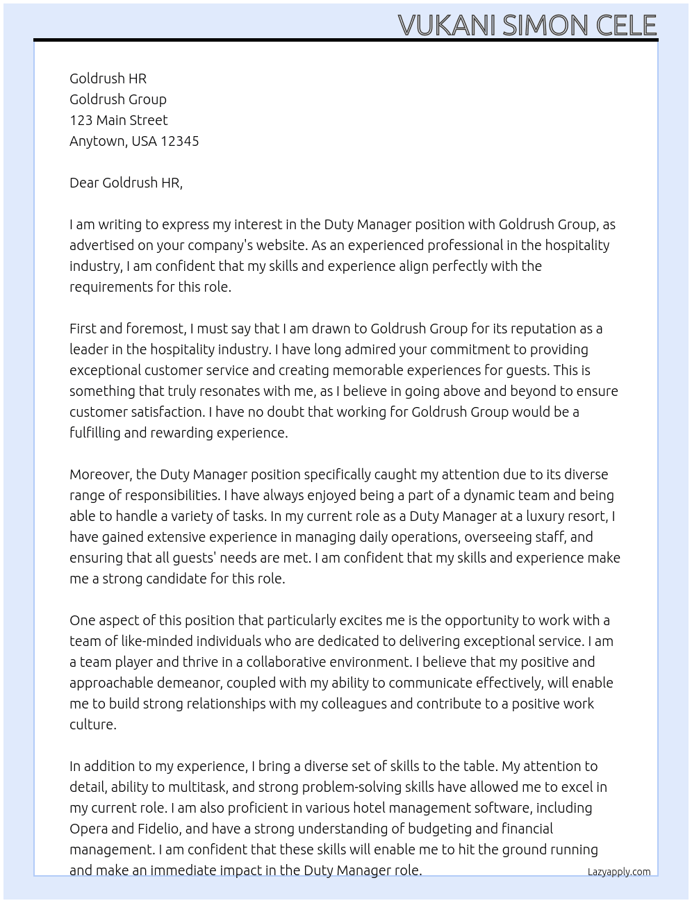 duty manager At goldrush group Cover Letter