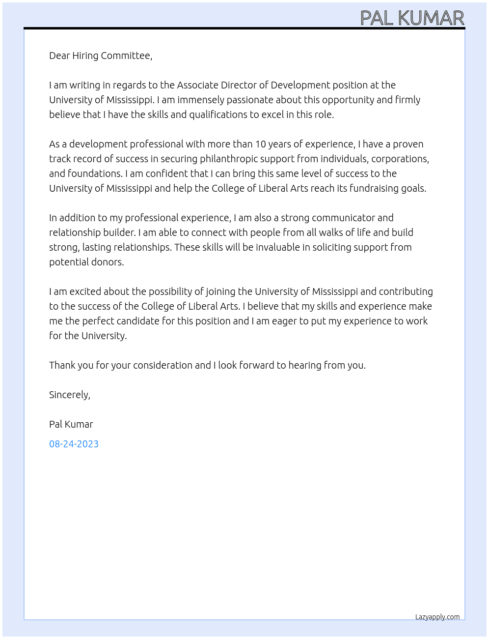 Associate Director of Development (College of Liberal Arts) At University of Mississippi Cover Letter