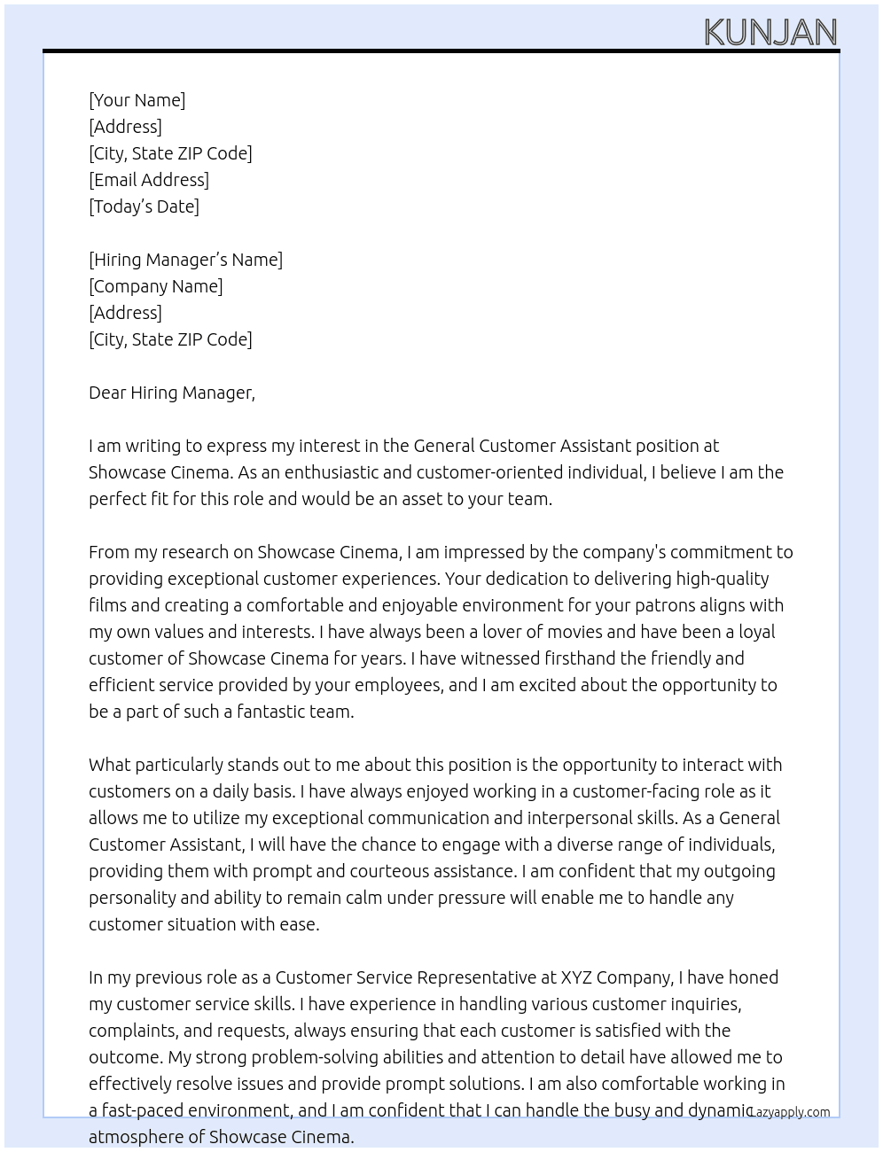 GENERAL CUSTOMER ASSISTANT At Showcase Cinema  Cover Letter