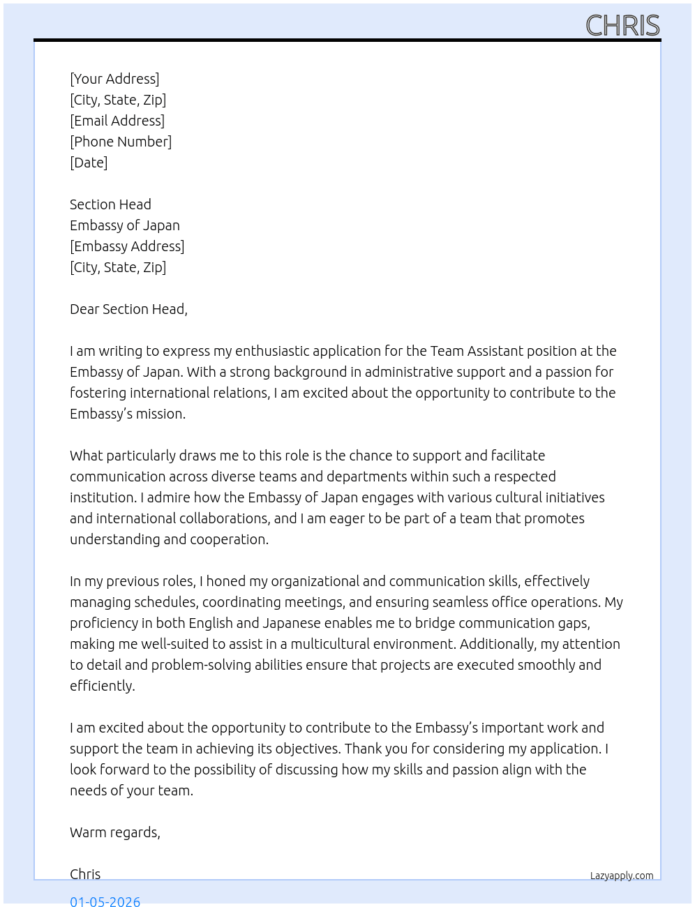 Team Assistant At Embassy of Japan  Cover Letter