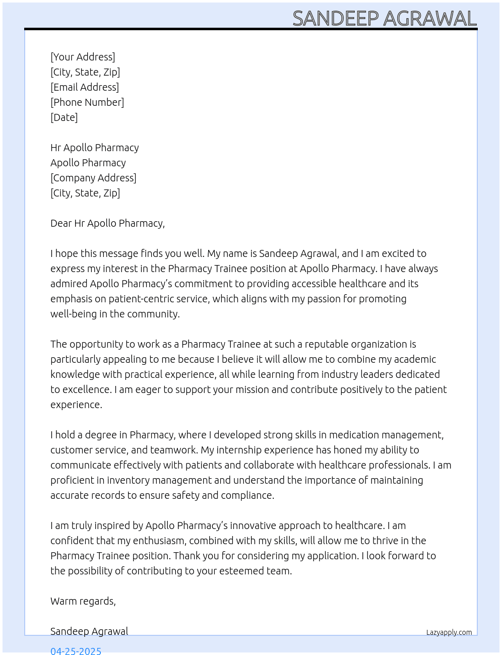 Pharmacy Trainee At Apollo Pharmacy Cover Letter