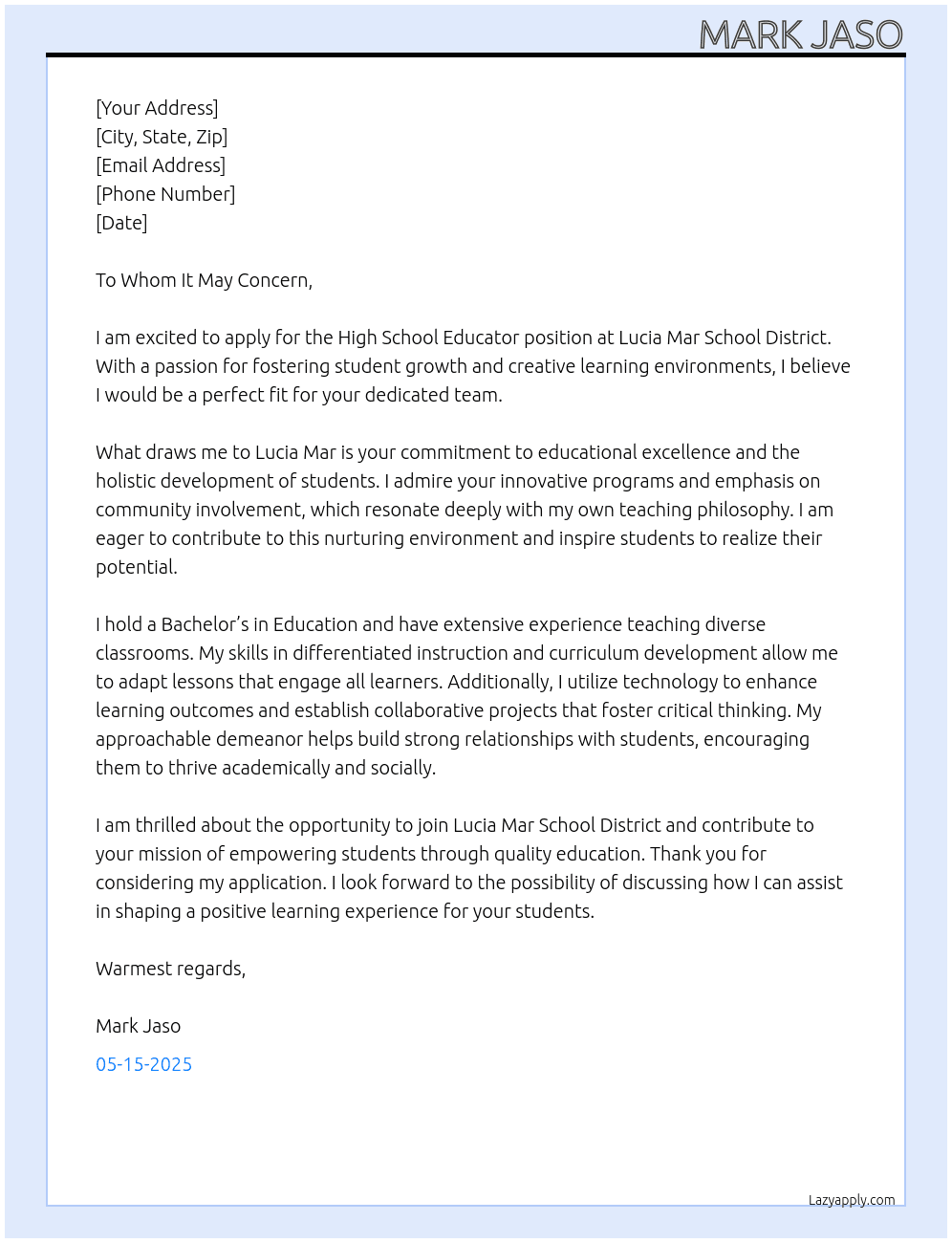 High school educator At Lucia Mar School District Cover Letter