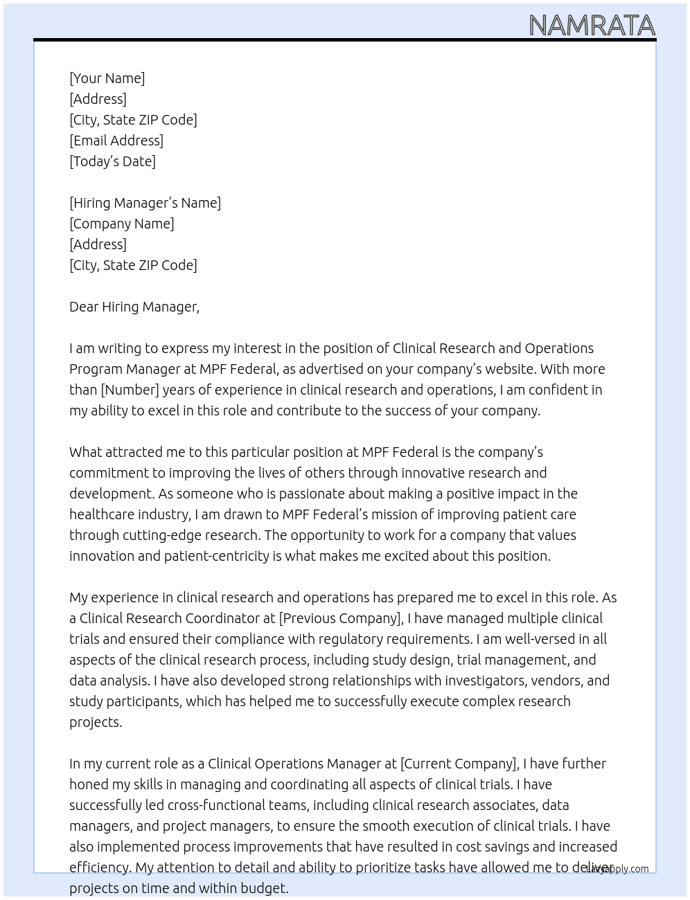 Clinical Research and Operations Program Manager At MPF Federal Cover Letter