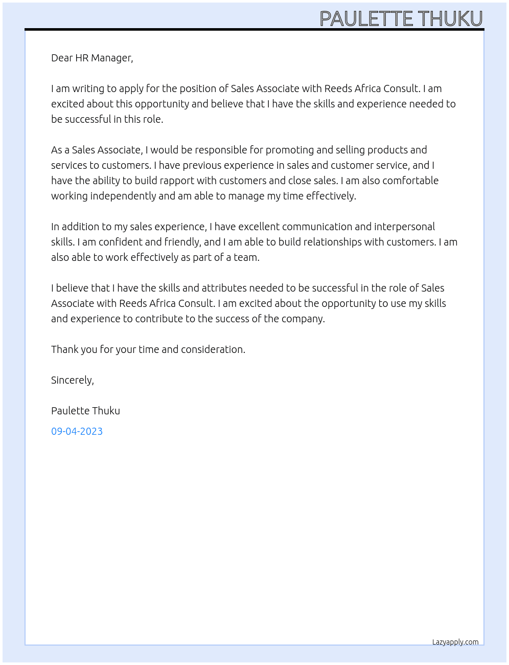 sale associate At Reeds Africa Consult Cover Letter