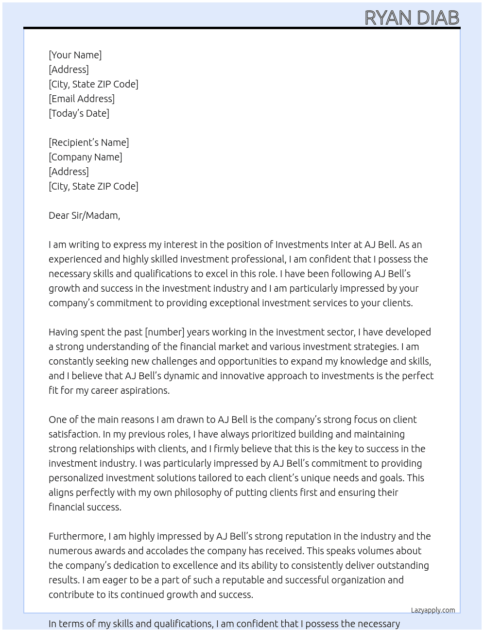 Investments Inter At AJ Bell Cover Letter