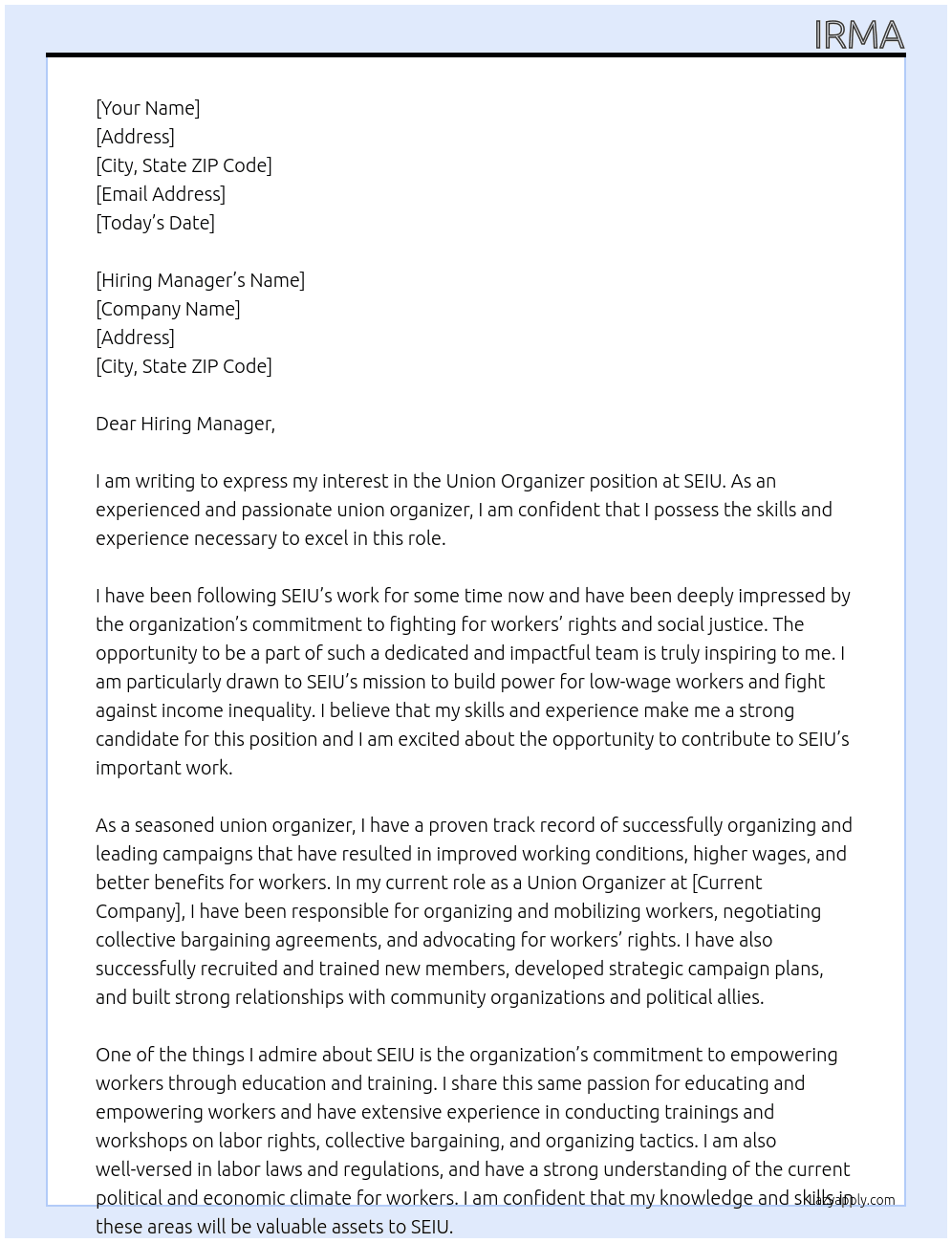 union organizer At seiu Cover Letter