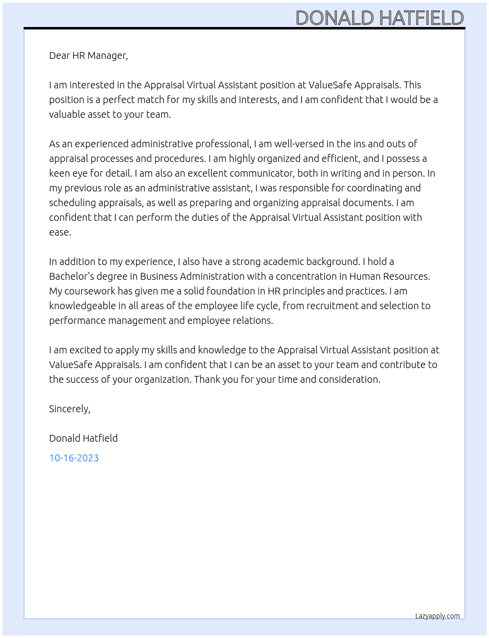Appraisal Virtual Assisitant At ValueSafe Appraisals Cover Letter