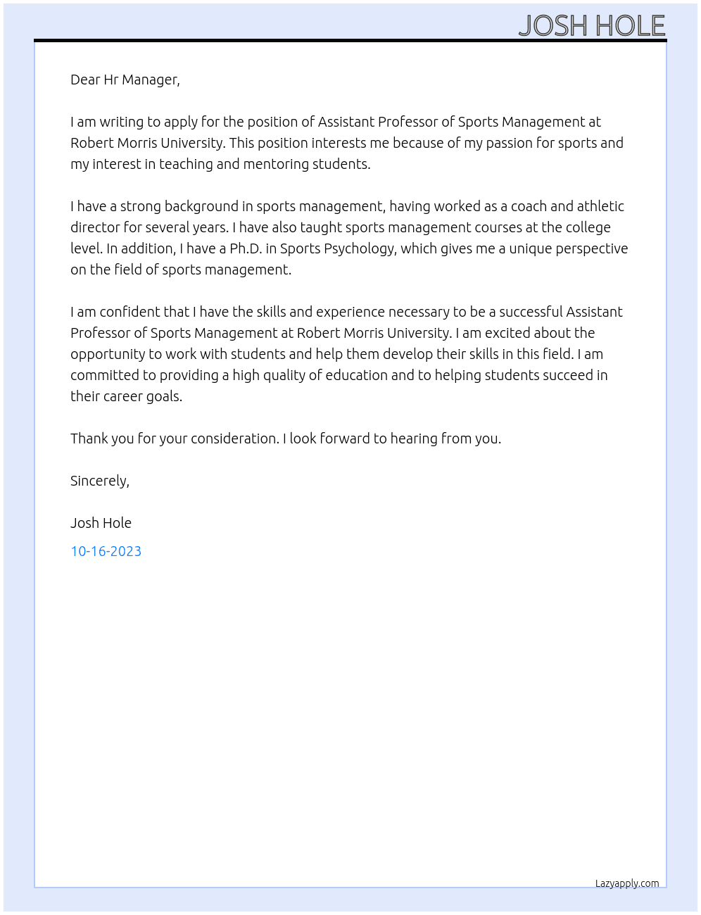 Assistant Professor of Sports Management At Robert Morris Univeristy Cover Letter