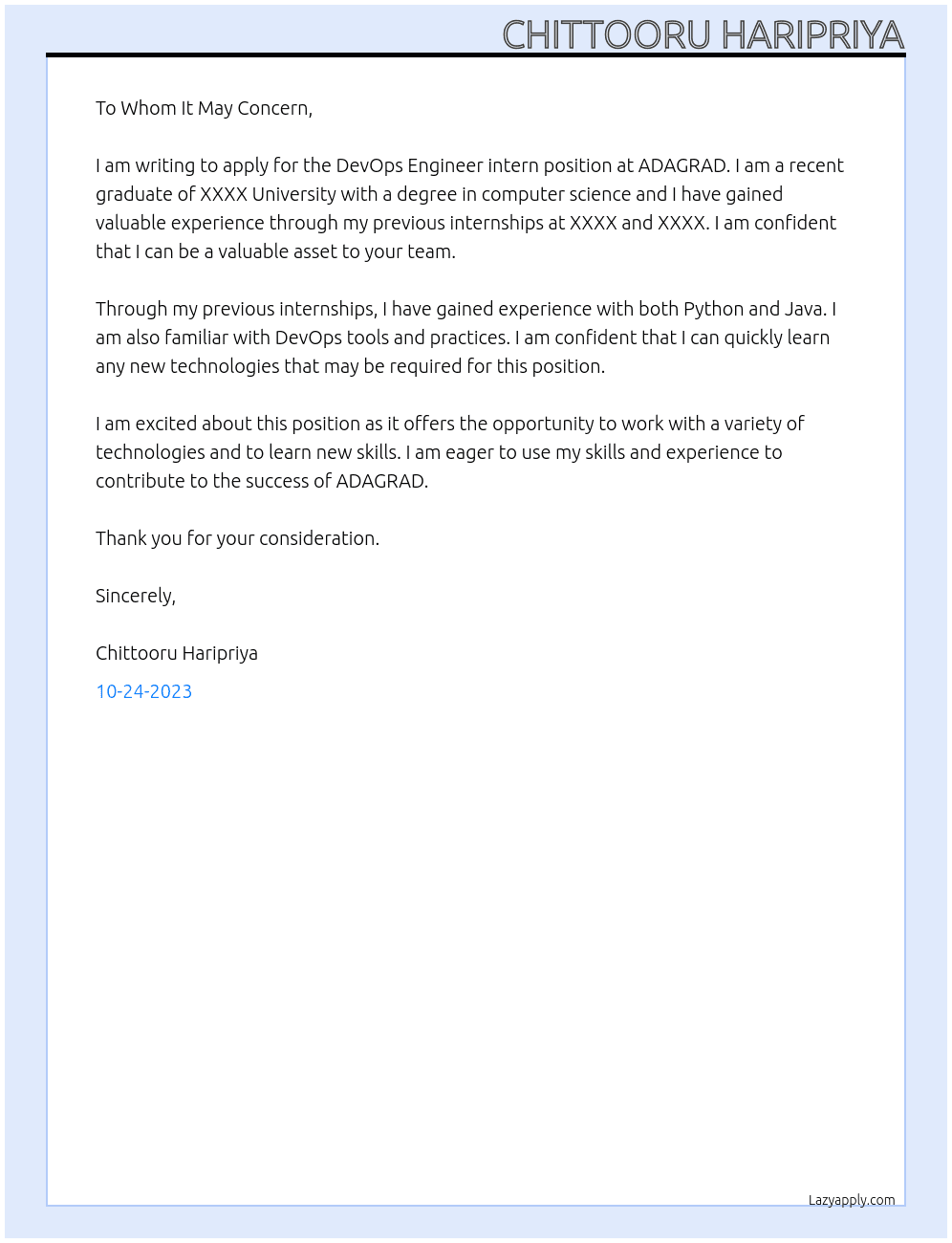 DevOps Engineer intern At ADAGRAD Cover Letter