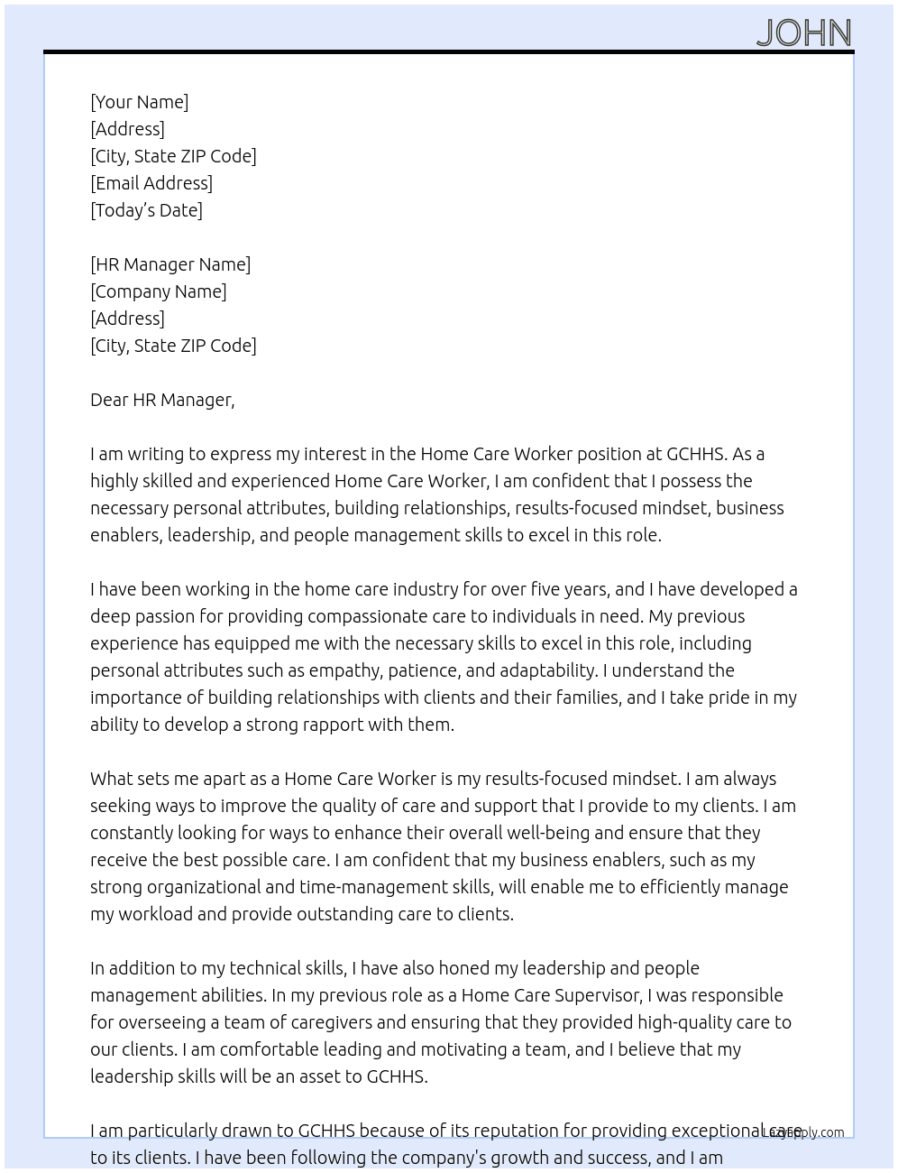 Home Care Worker At GCHHS Cover Letter