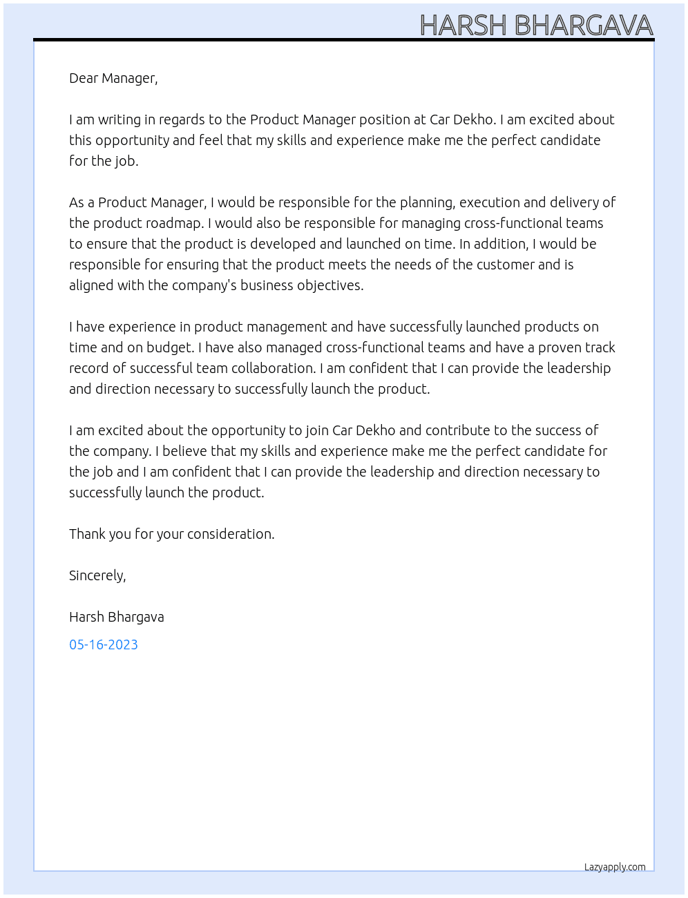 Product Manager At Car Dekho Cover Letter