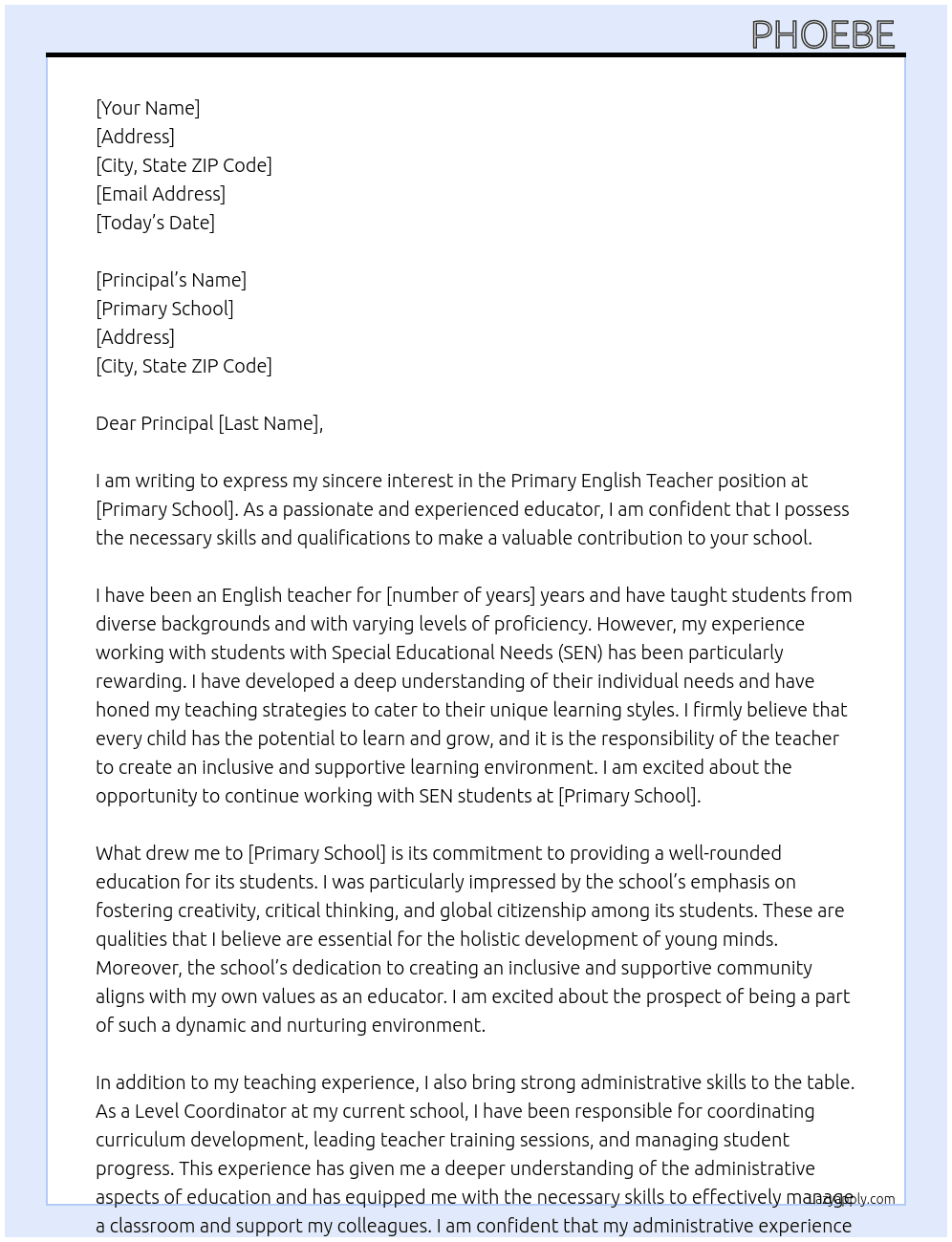 primary english teacher At primary school  Cover Letter
