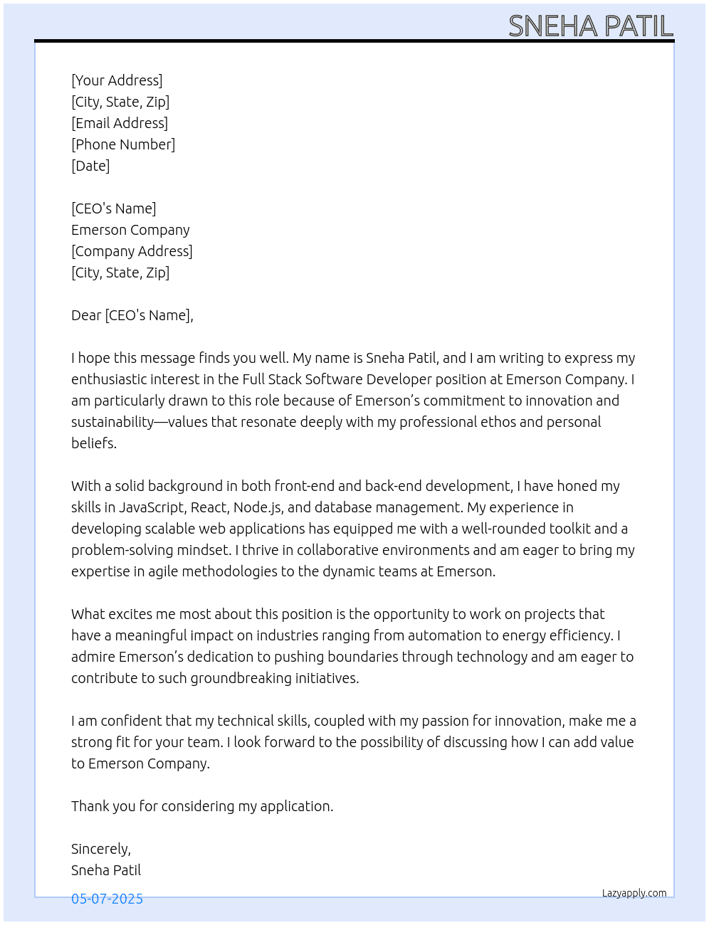 Software Developer (Full stack) position  At  Emerson company Cover Letter
