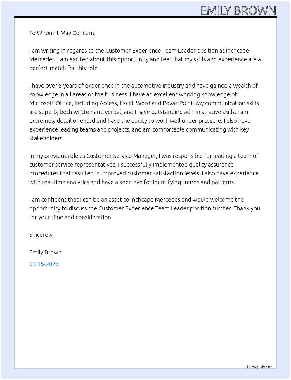 Customer Experience Team Leader At Inchcape Mercedes Cover Letter