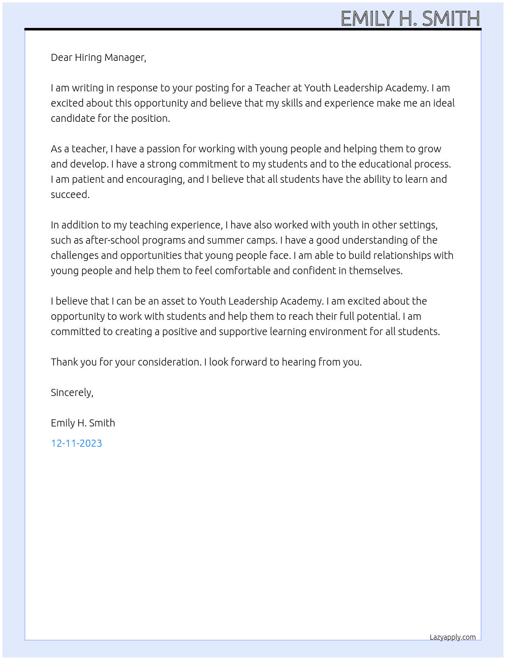 Teacher At Youth Leadership Academy Cover Letter