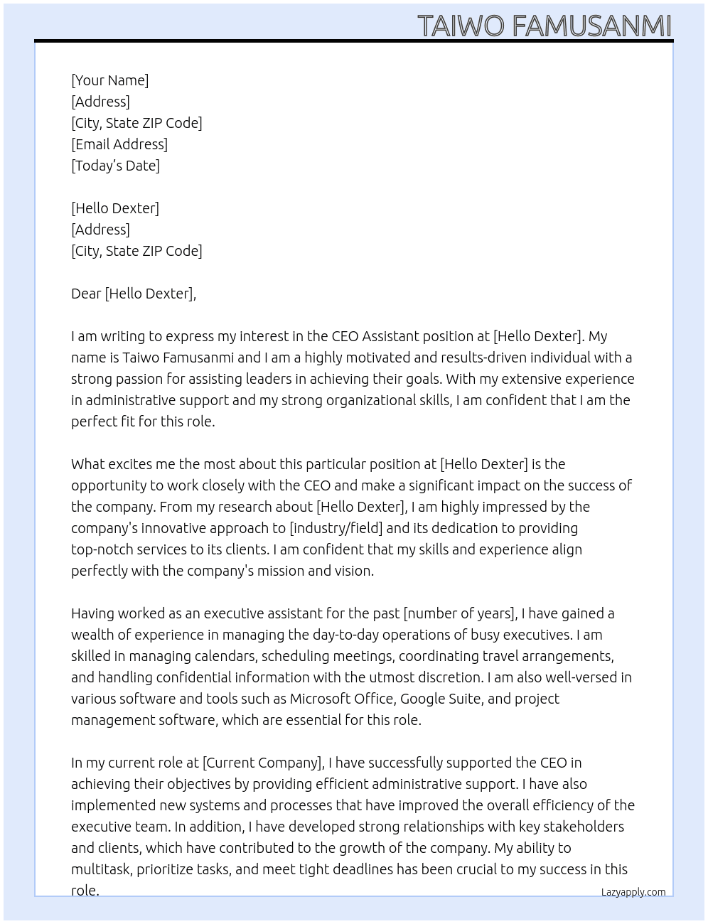 CEO Assistant At Hello Dexter Cover Letter