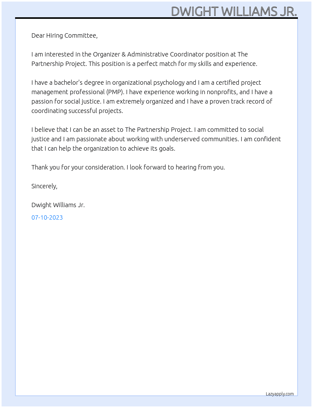 Organizer & Administrative Coordinator At The Partnership Project Cover Letter