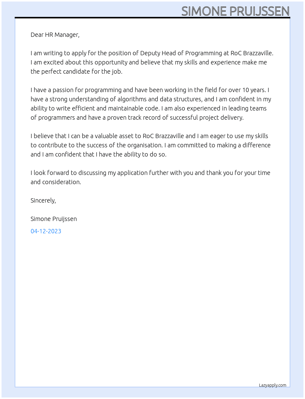 Deputy Head of Programming, RoC Brazzaville At CRS Cover Letter