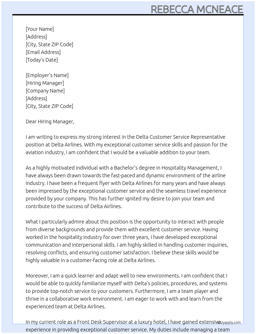 Delta Customer Service Representative At Delta Airlines Cover Letter
