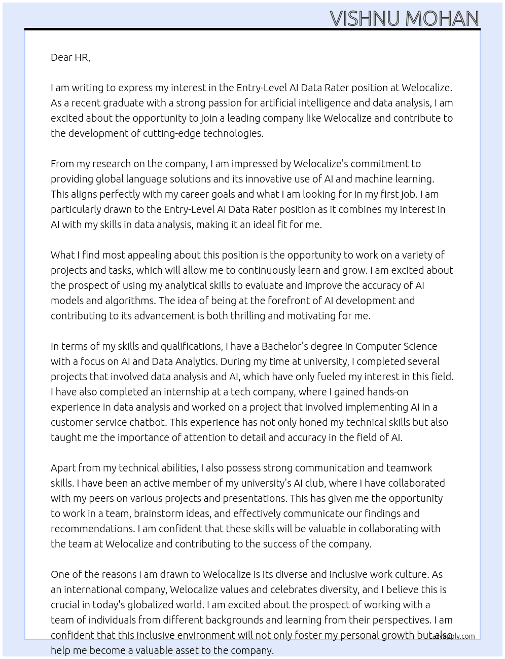 Entry-Level AI Data Rater At Welocalize Cover Letter
